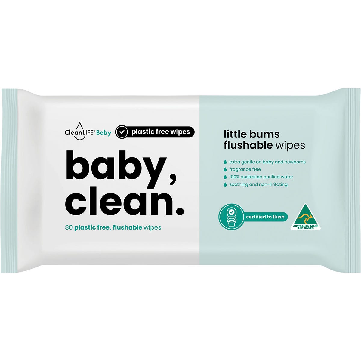 CleanLIFE Flushable Plastic Free Wipes Baby Clean 80pk