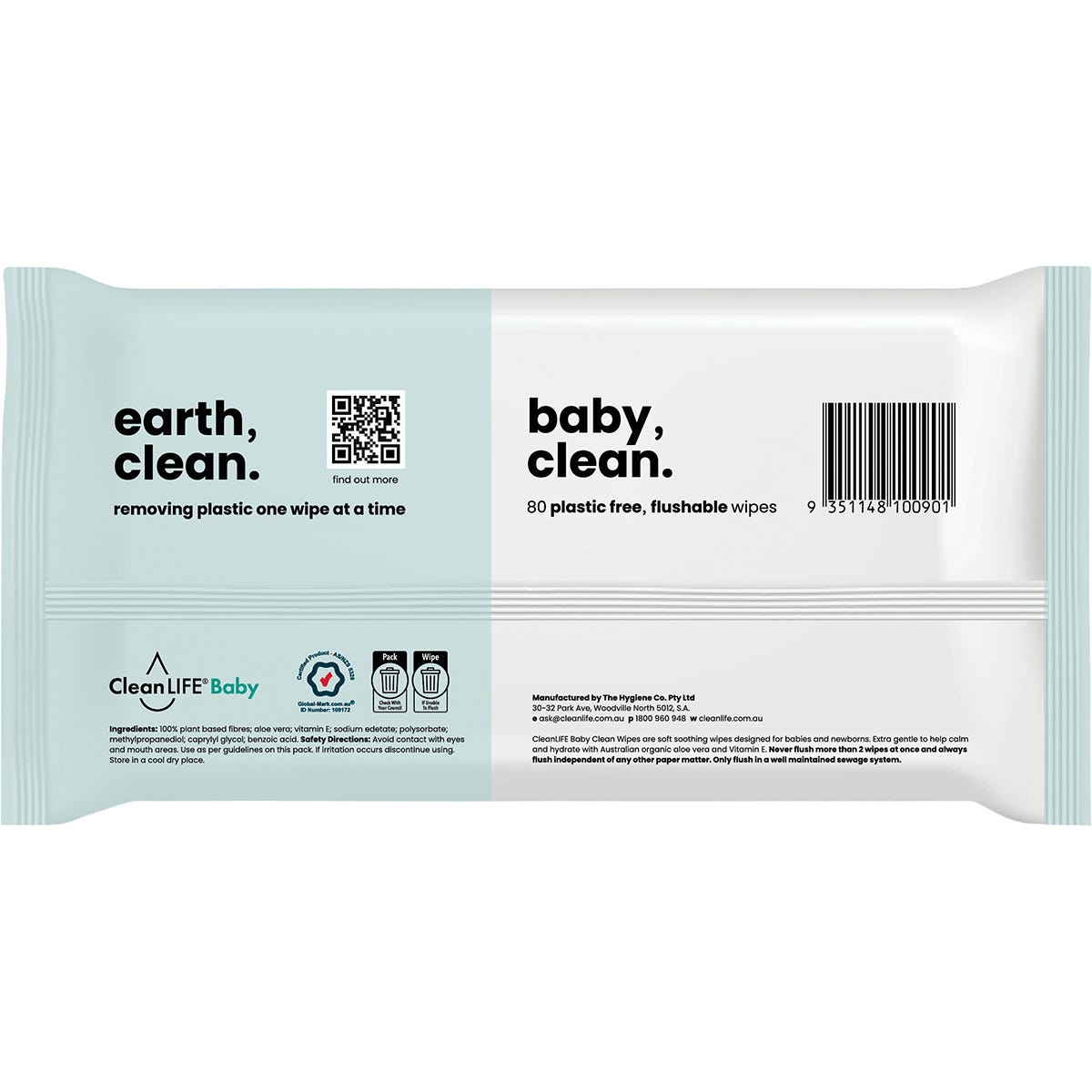 CleanLIFE Flushable Plastic Free Wipes Baby Clean 80pk