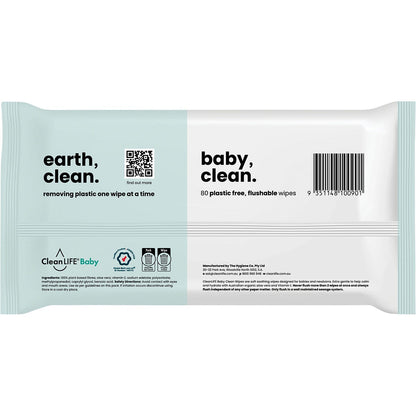 CleanLIFE Flushable Plastic Free Wipes Baby Clean 80pk