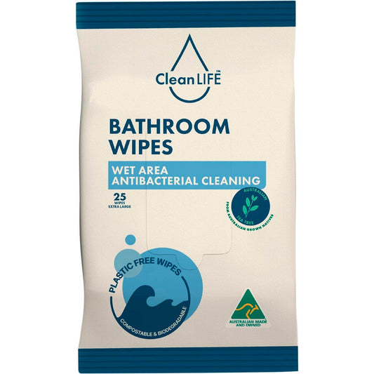 CleanLIFE Bathroom Plastic Free Wipes Antibacterial Cleaning 25pk