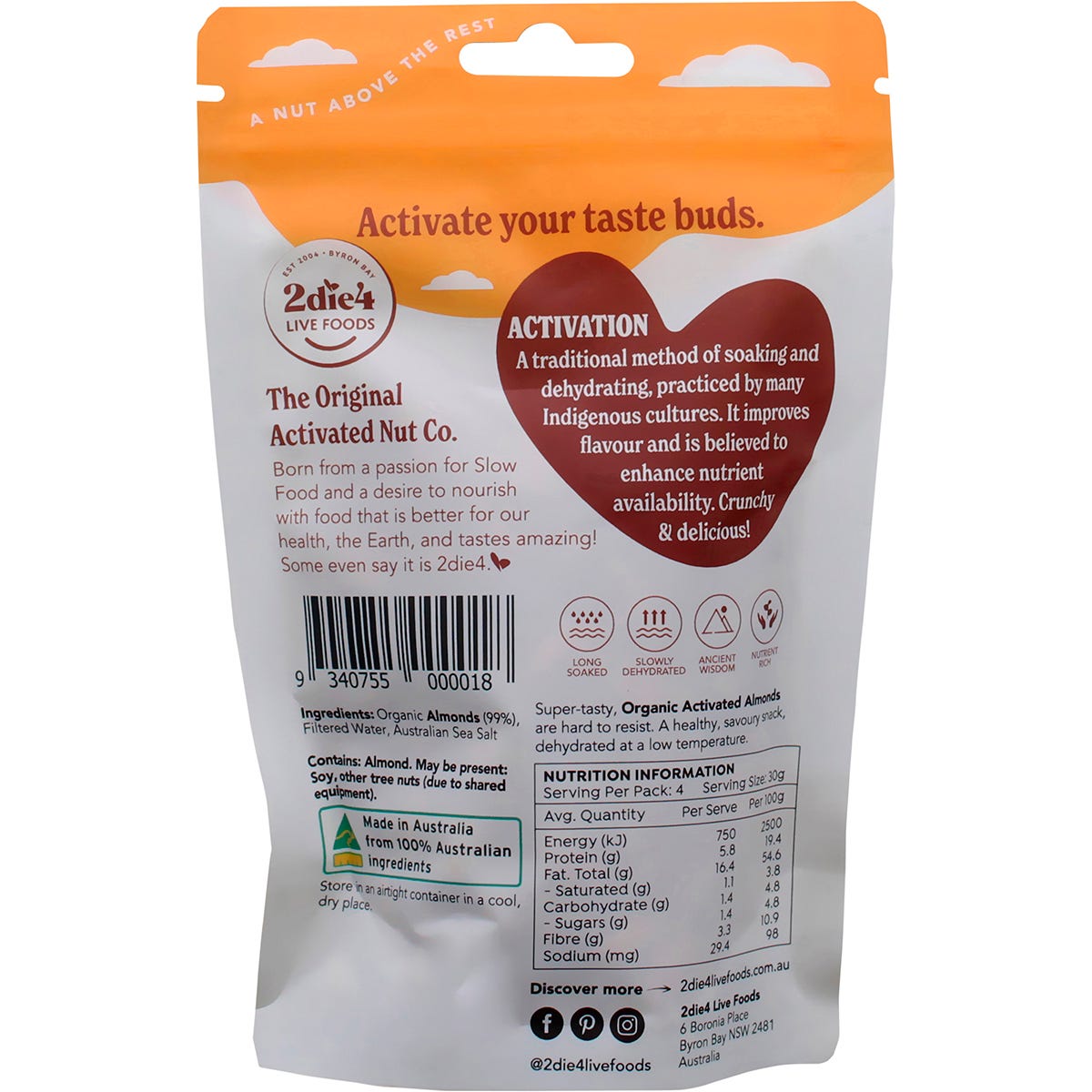 2die4 Live Foods Organic Activated Almonds 120g