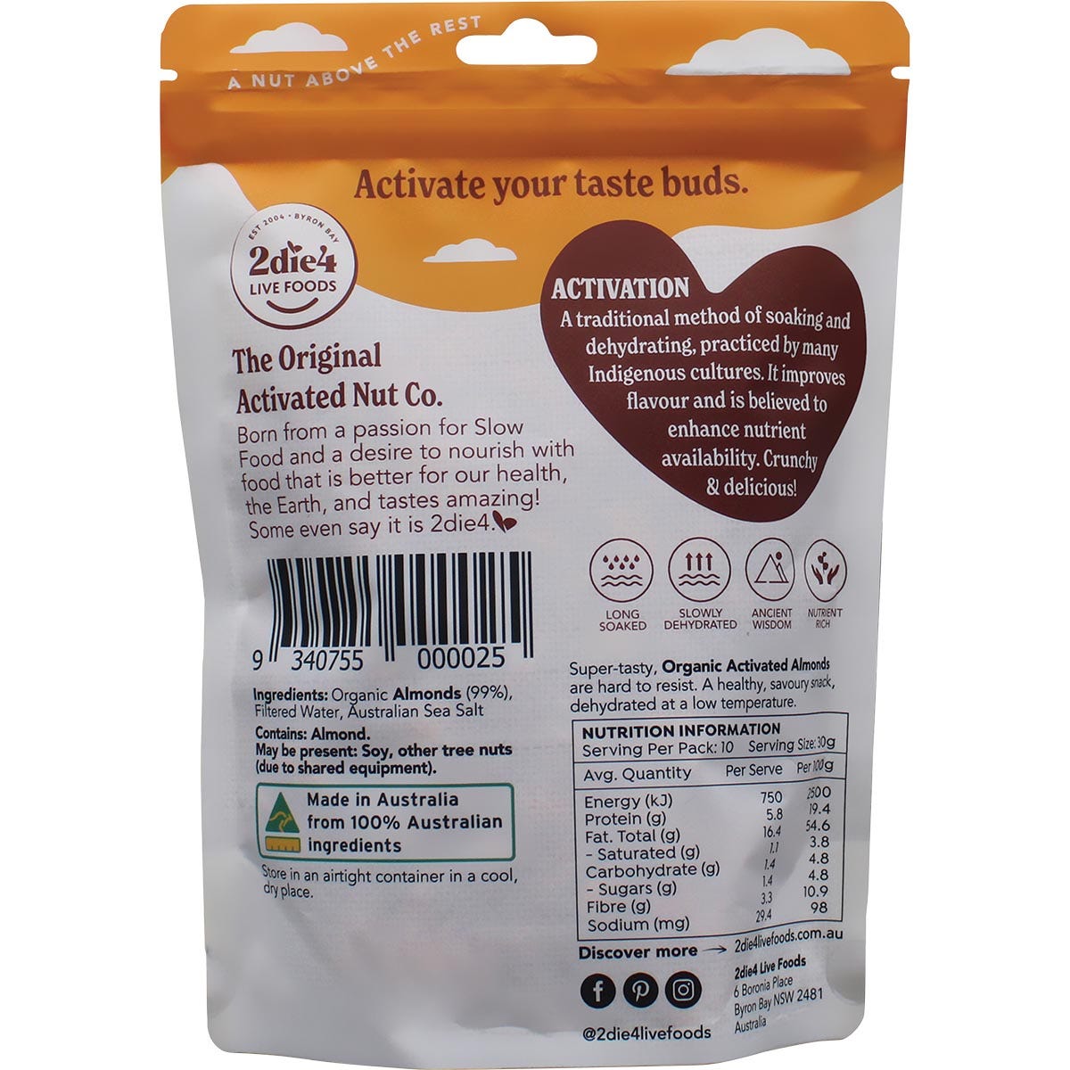 2die4 Live Foods Organic Activated Almonds 300g