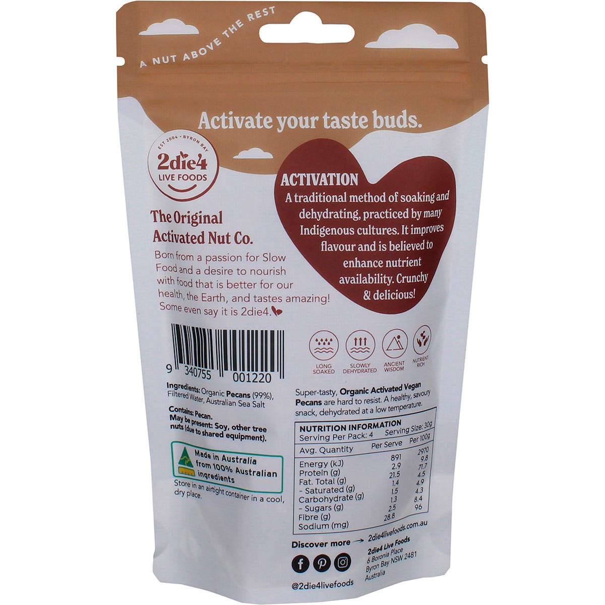 2die4 Live Foods Organic Activated Pecans Vegan 120g