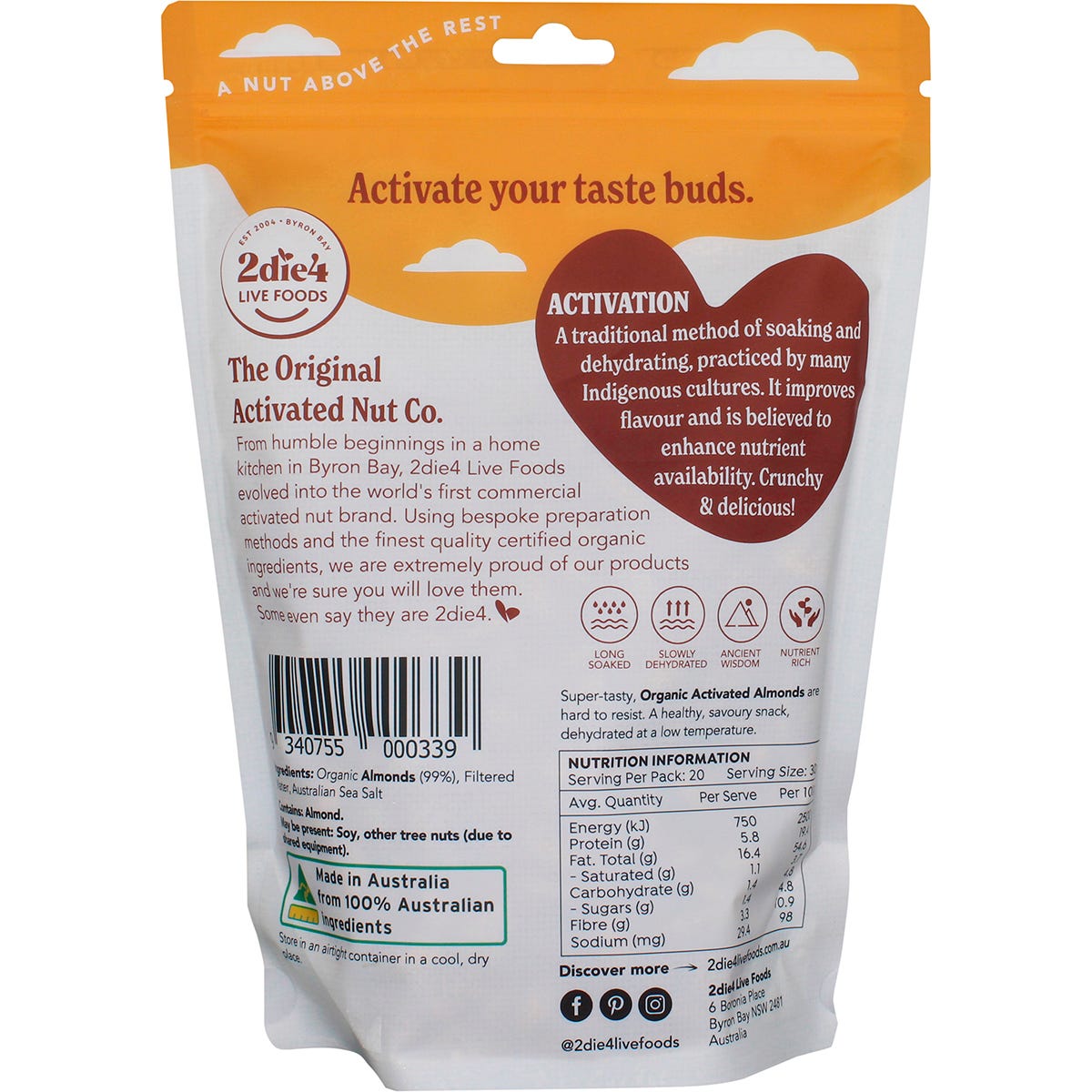 2die4 Live Foods Organic Activated Almonds 600g