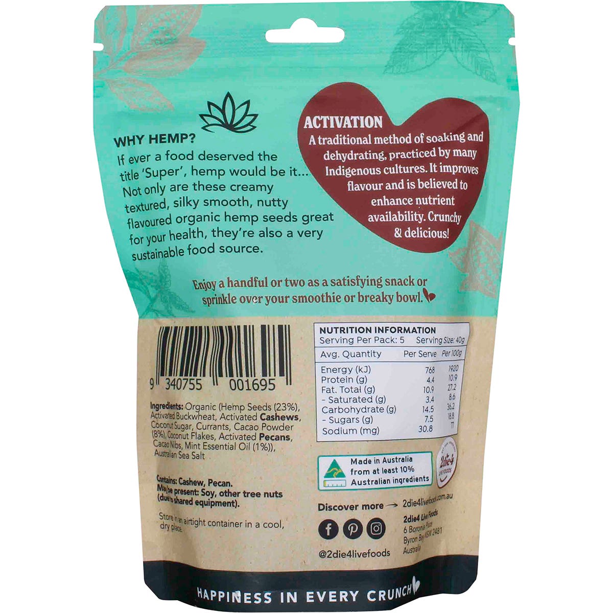 2die4 Live Foods Hemptations Superfood Hemp Snack Mint Chocolate 200g