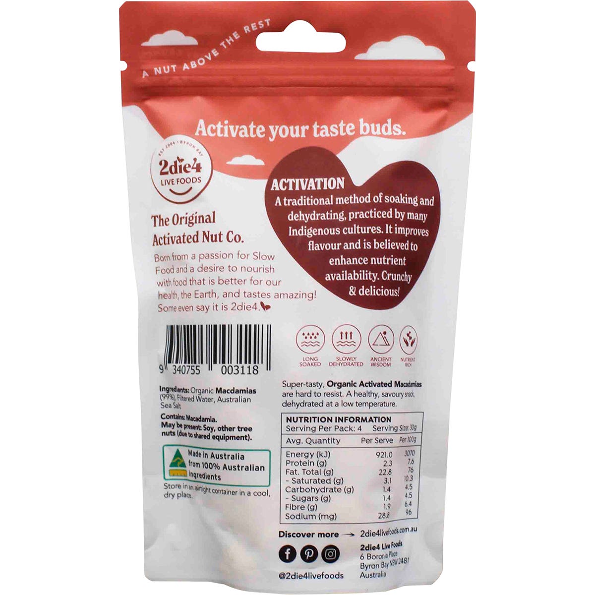 2die4 Live Foods Organic Activated Macadamias 120g