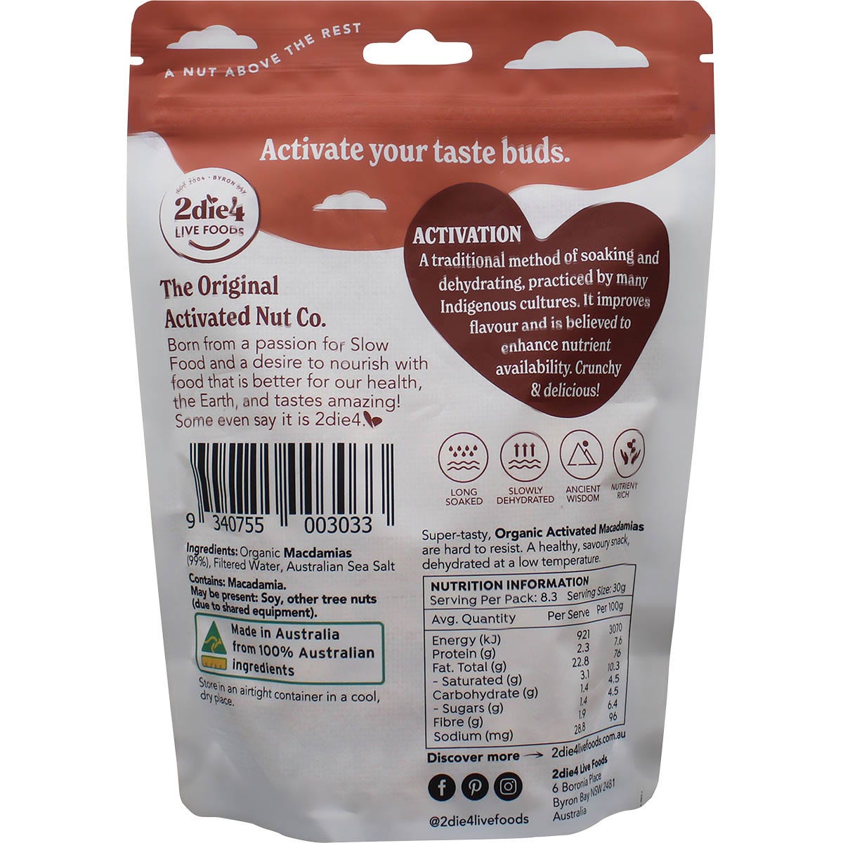 2die4 Live Foods Organic Activated Macadamias 250g