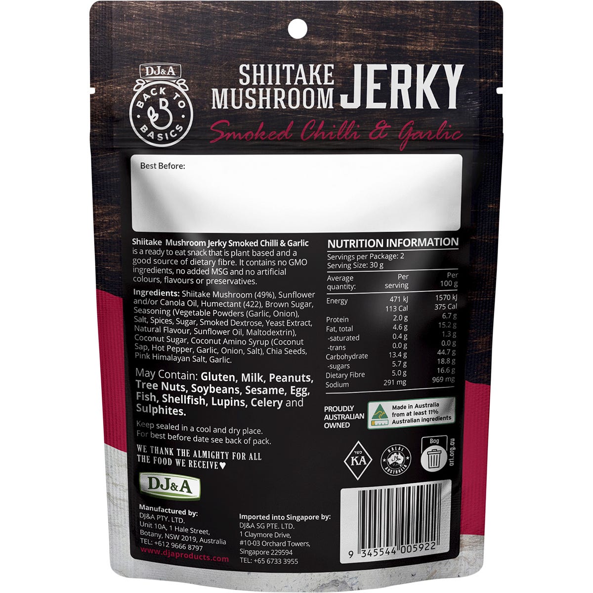 DJ&A Shiitake Mushroom Jerky Smoked Chilli & Garlic 12x60g