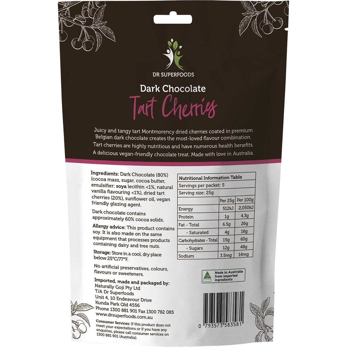 Dr Superfoods Tart Cherries Dark Chocolate 125g