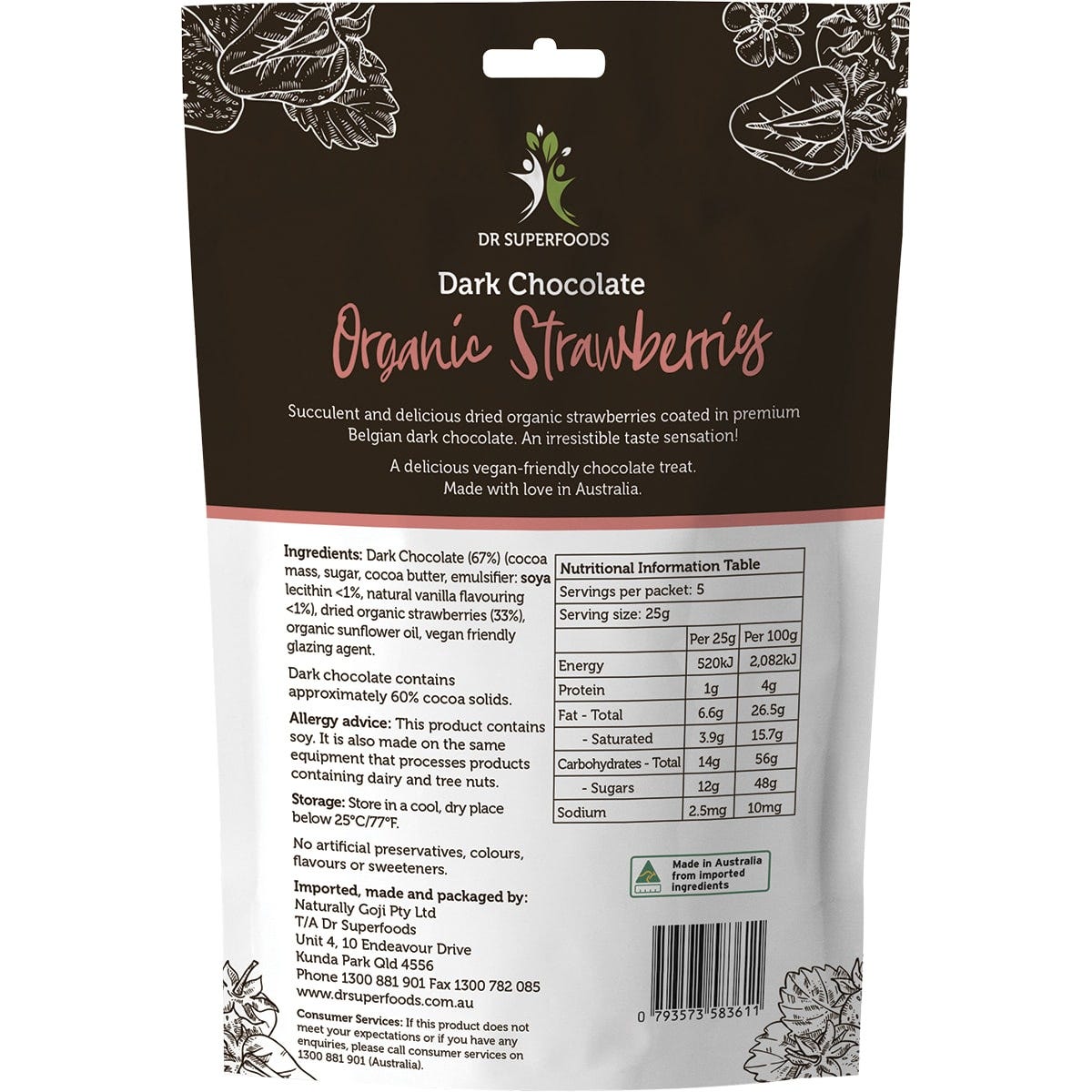 Dr Superfoods Strawberries Organic Dark Chocolate 125g