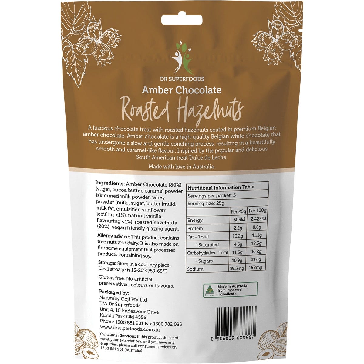 Dr Superfoods Roasted Hazelnuts Amber Chocolate 125g