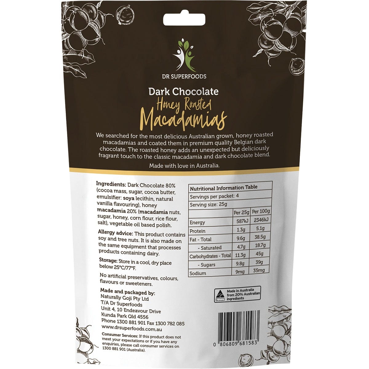 Dr Superfoods Honey Roasted Macadamias Dark Chocolate 100g