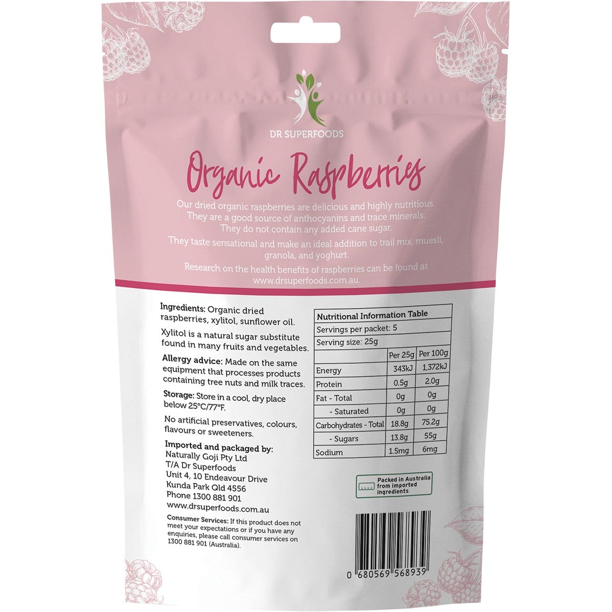 Dr Superfoods Dried Raspberries Organic 125g