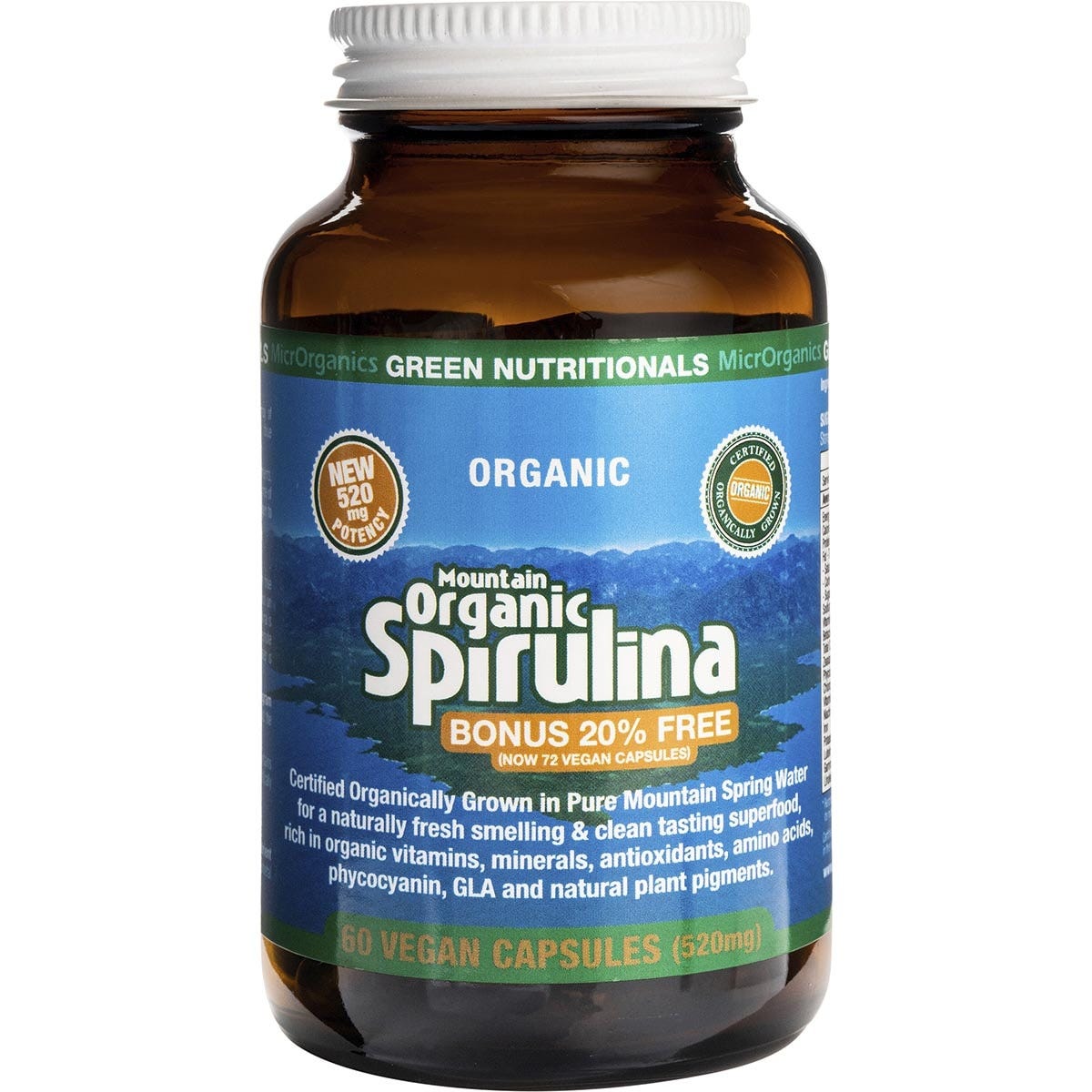 Green Nutritionals Mountain Organic Spirulina Vegan Capsules 520mg 60 Caps