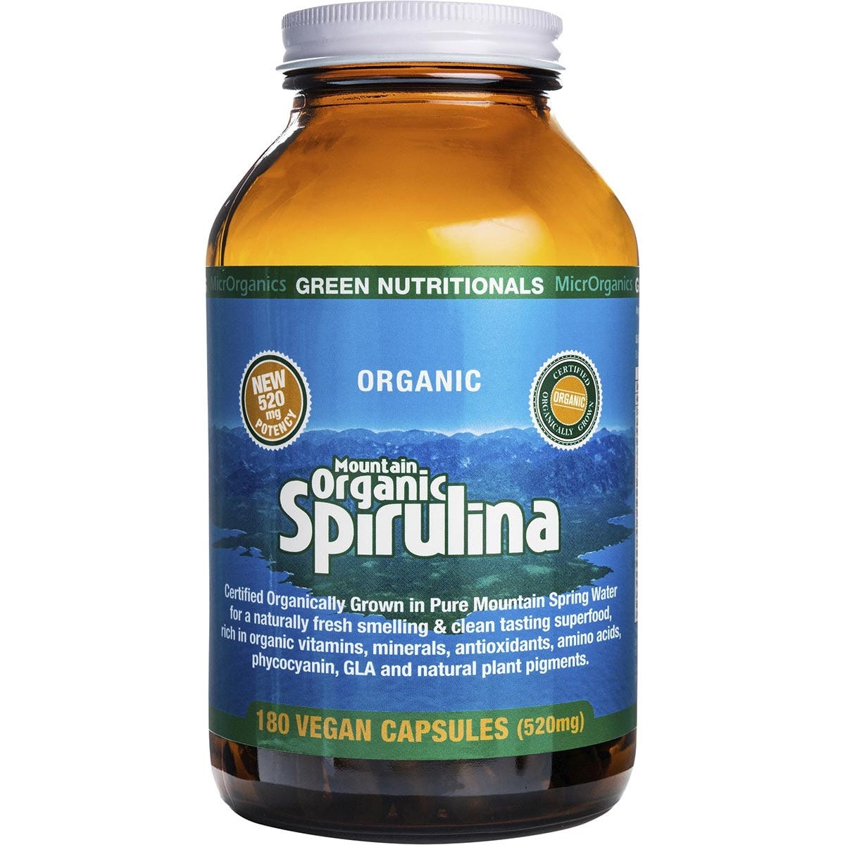 Green Nutritionals Mountain Organic Spirulina Vegan Capsules 520mg 180 Caps