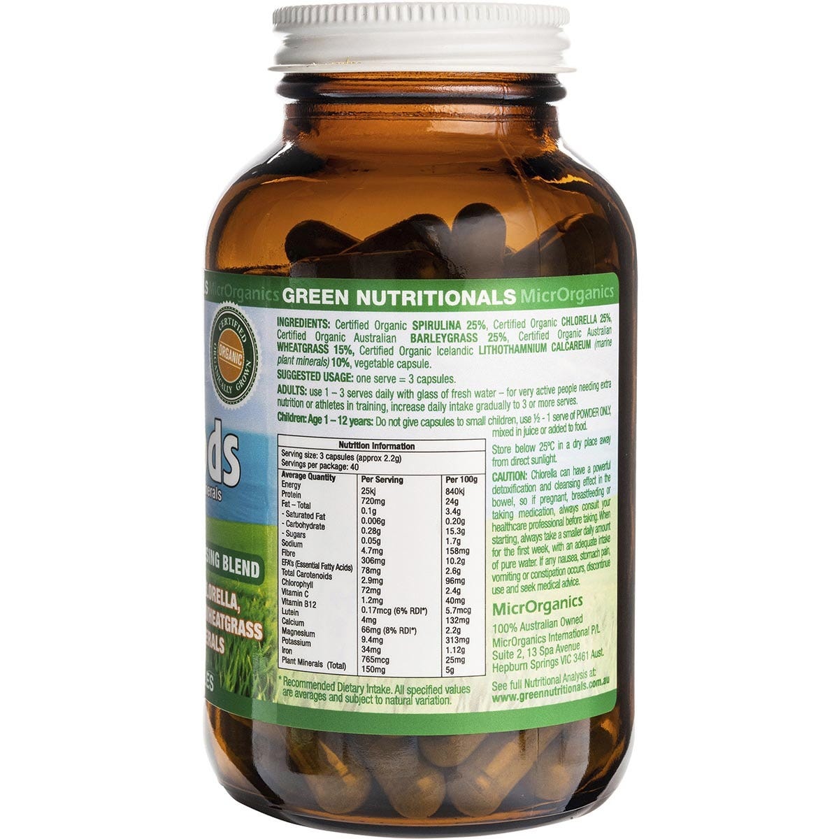 Green Nutritionals Organic Green Superfoods Vegan Capsules 600mg 120 Caps