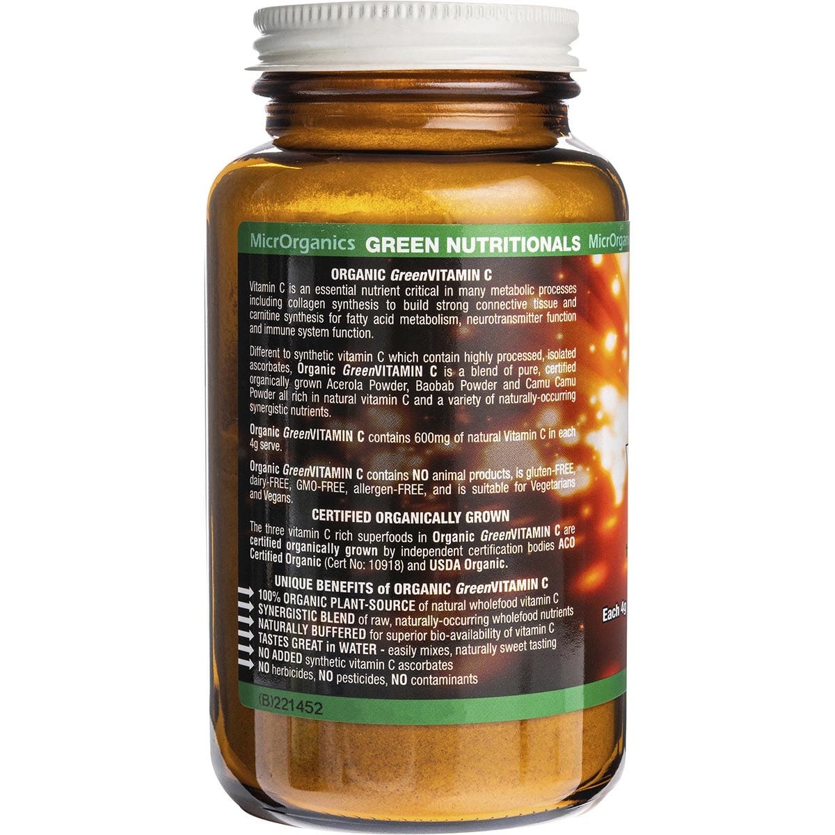 Green Nutritionals Organic Green Vitamin C Powder 600mg 100g