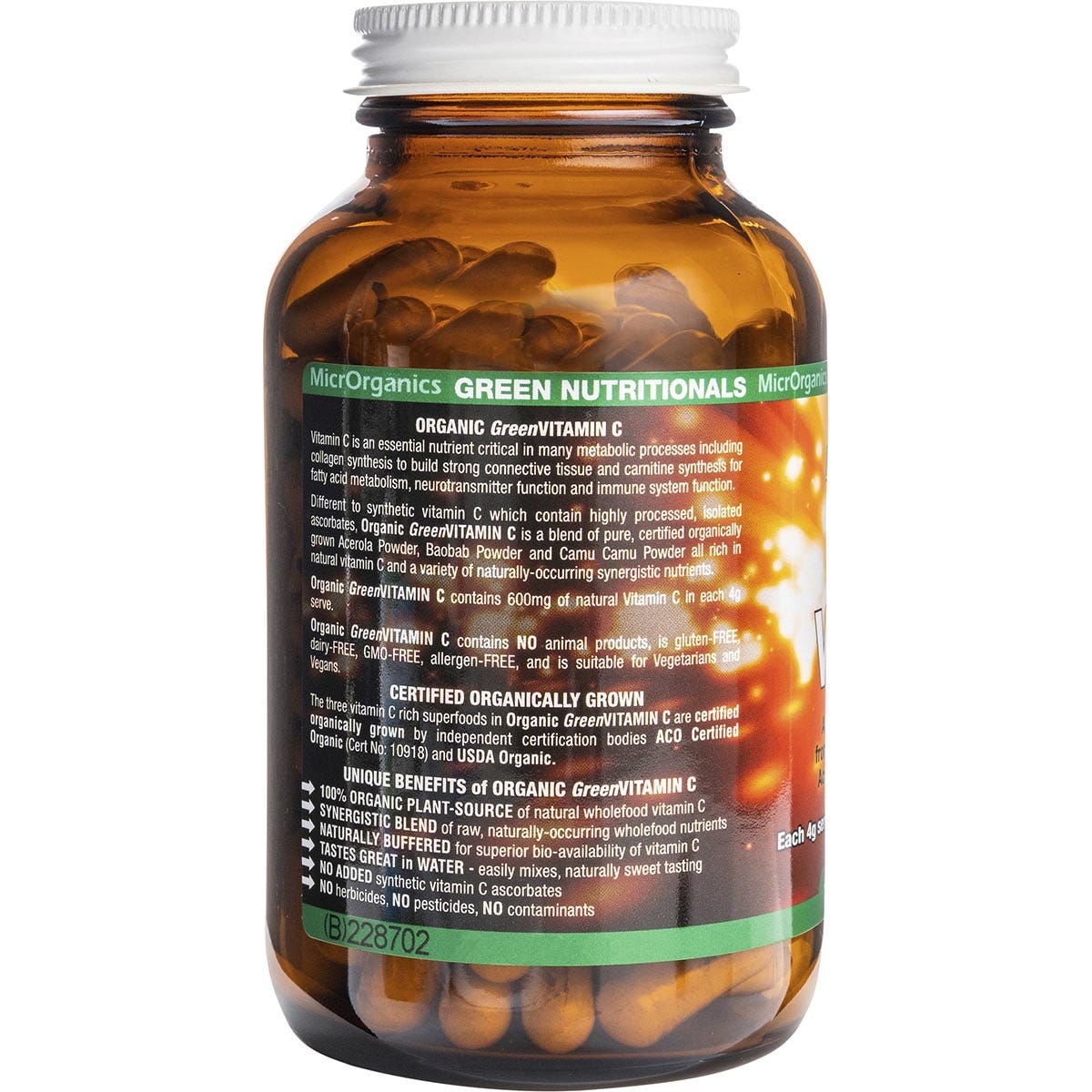 Green Nutritionals Organic Green Vitamin C Vegan Capsules 600mg 120 Caps