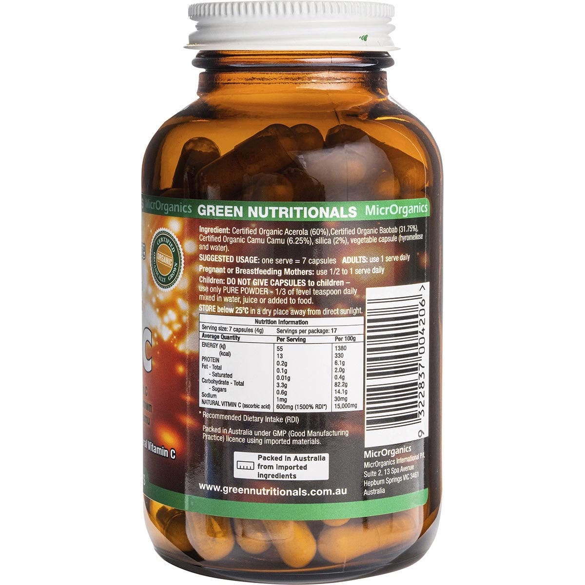 Green Nutritionals Organic Green Vitamin C Vegan Capsules 600mg 120 Caps