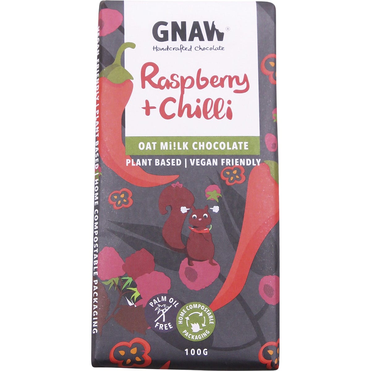 Gnaw Chocolate Handcrafted Oat Mi!lk Chocolate Raspberry + Chilli 12x100g