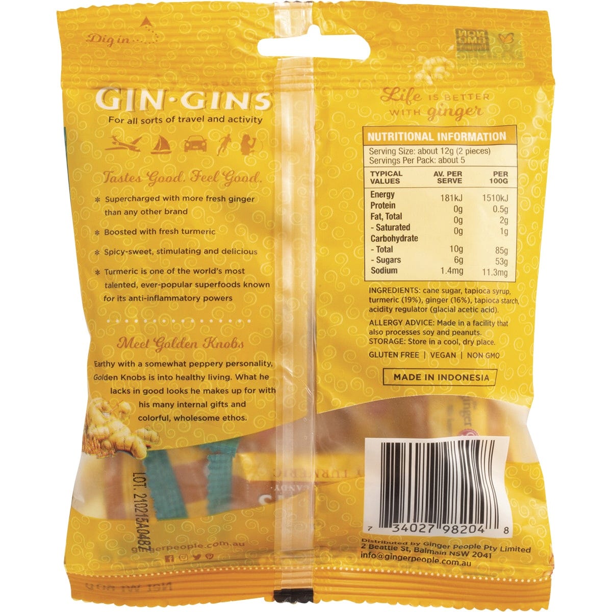 The Ginger People Gin Gins Ginger Candy Bag Chewy Spicy Turmeric 12x60g