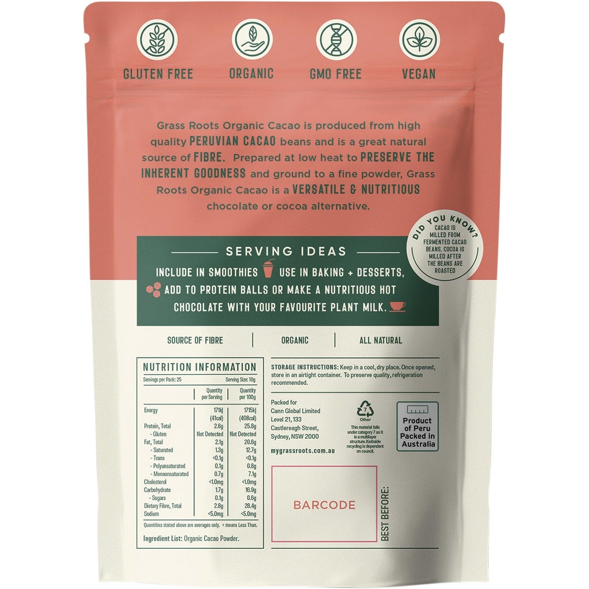 Grass Roots Organic Cacao Powder 250g