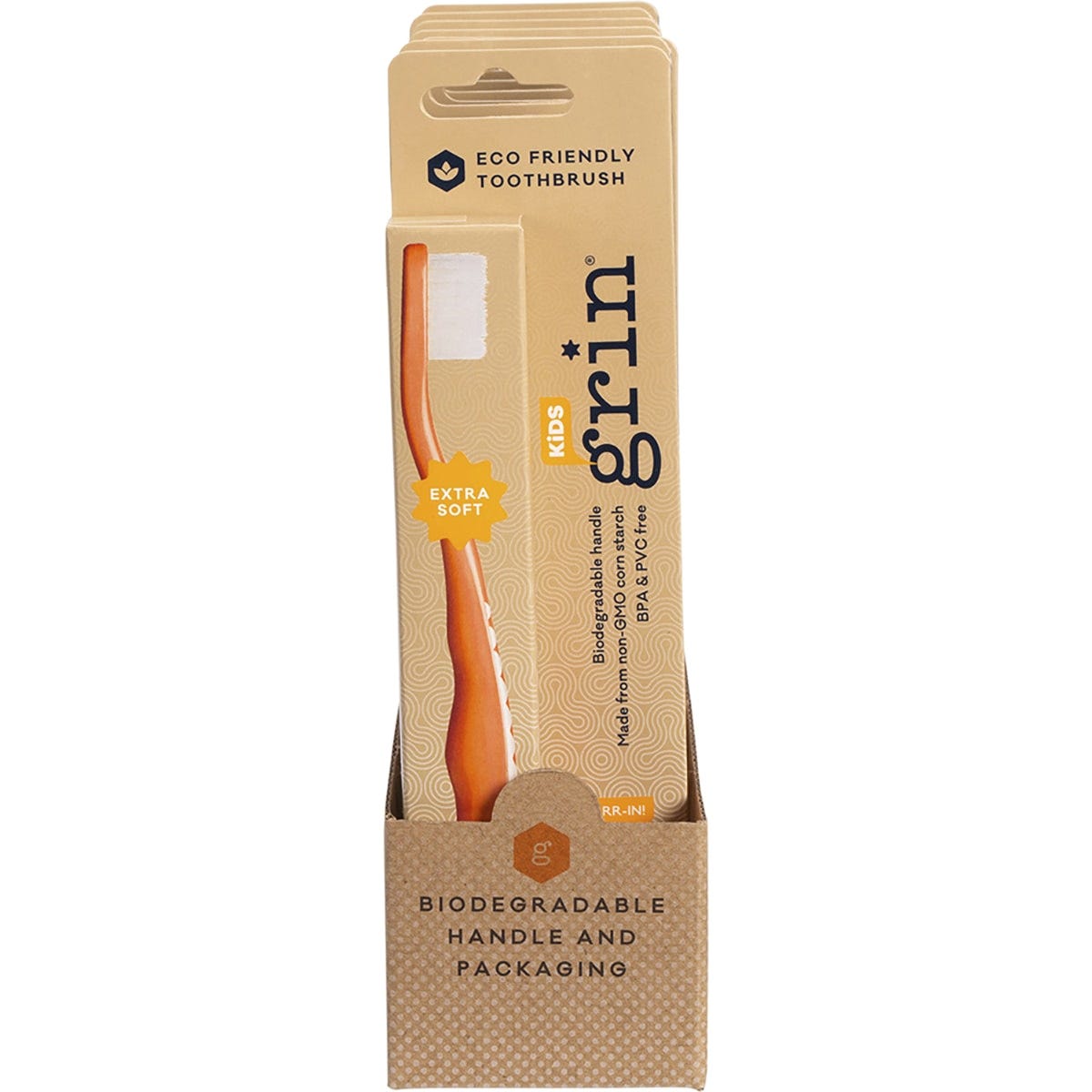 Grin Biodegradable Toothbrush Kids Extra Soft Orange x8