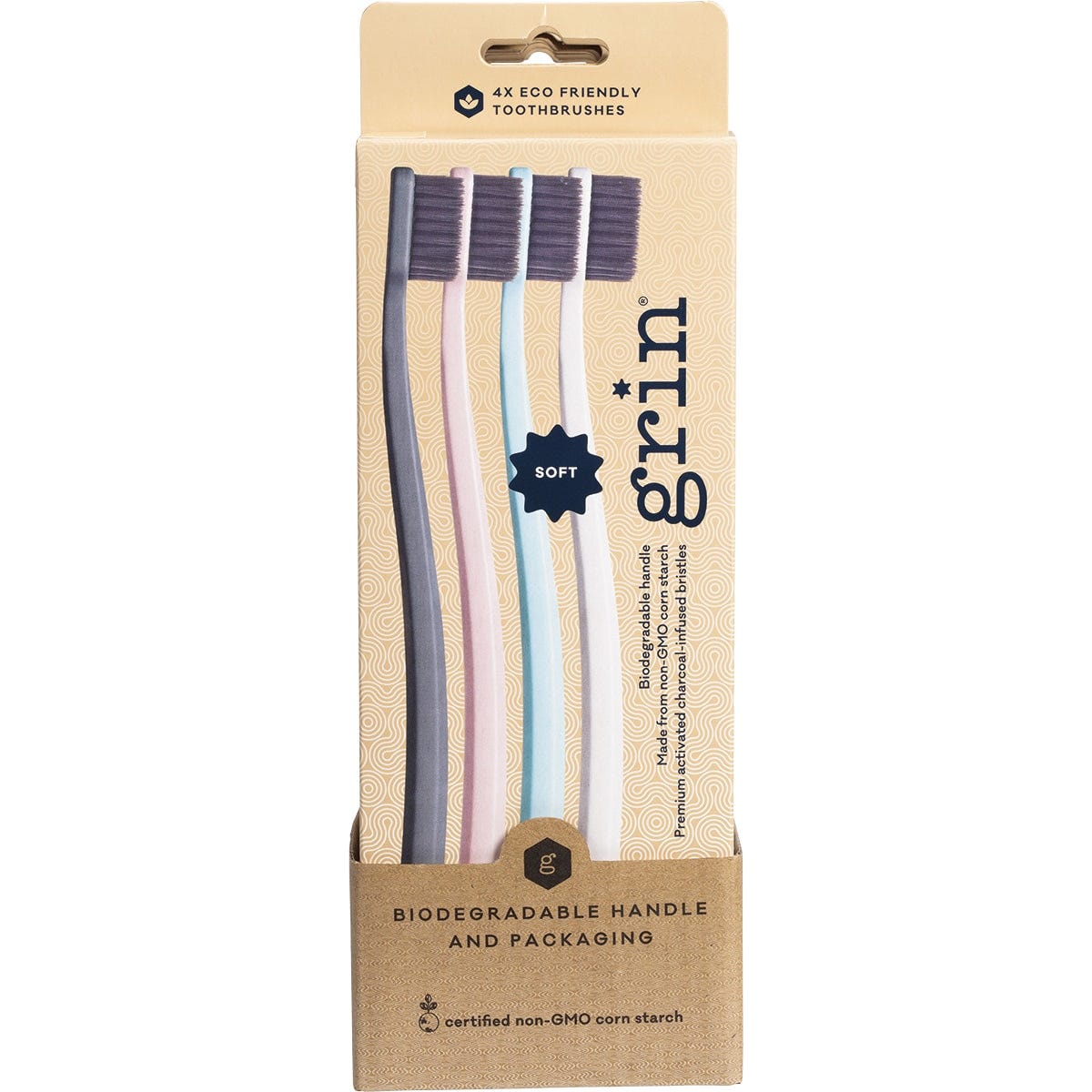 Grin Biodegradable Toothbrush Soft Mint-Ivory-Navy-Pink 8x4pk