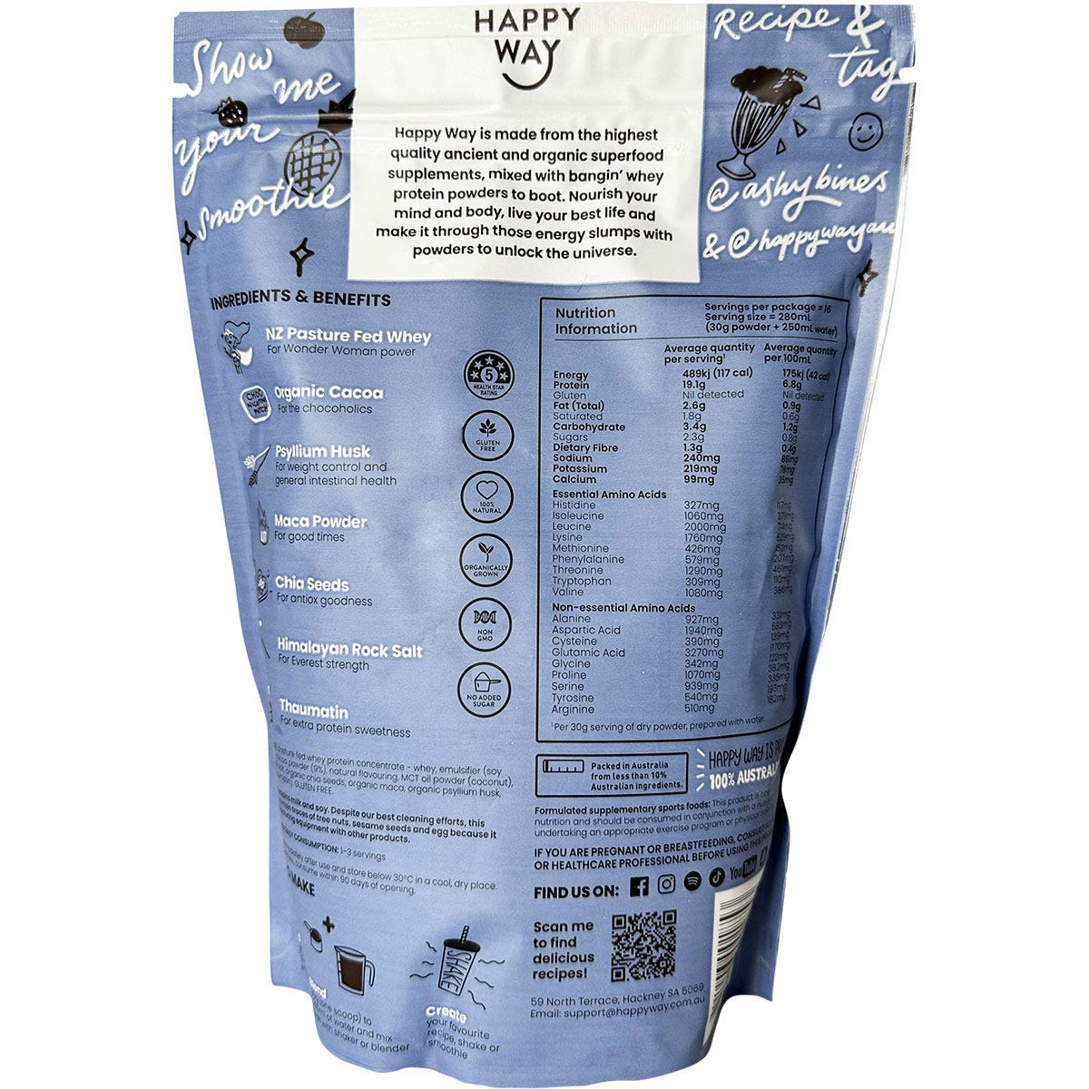 Happy Way Ashy Bines Whey Protein Powder Choc Coconut 500g