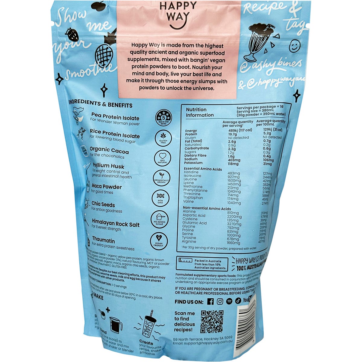 Happy Way Ashy Bines Vegan Protein Powder Choc Coconut 500g