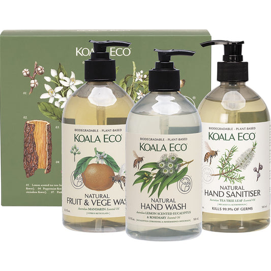 Koala Eco Clean & Safe Gift Pack Sanitiser, H/Wash, Fruit & Veg Wash 3pk