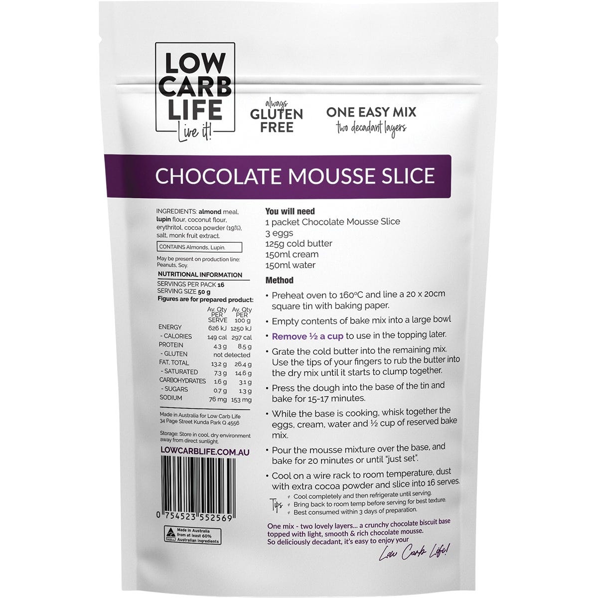 Low Carb Life Chocolate Mousse Slice Keto Bake Mix 300g