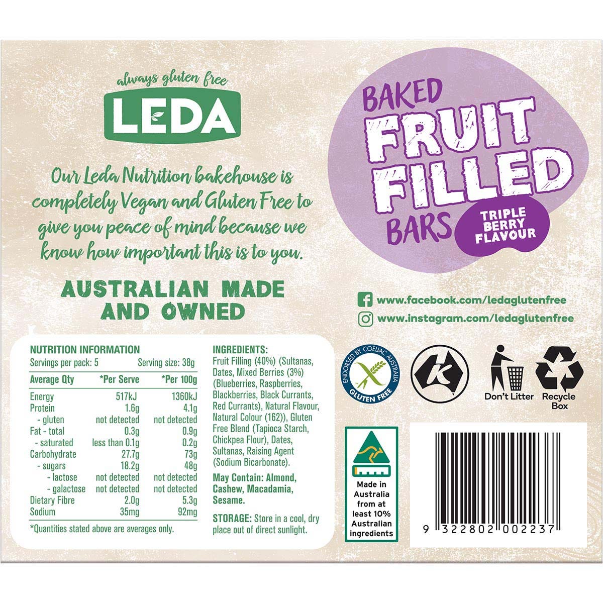 Leda Baked Fruit Filled Bars Triple Berry Multipack 6x190g