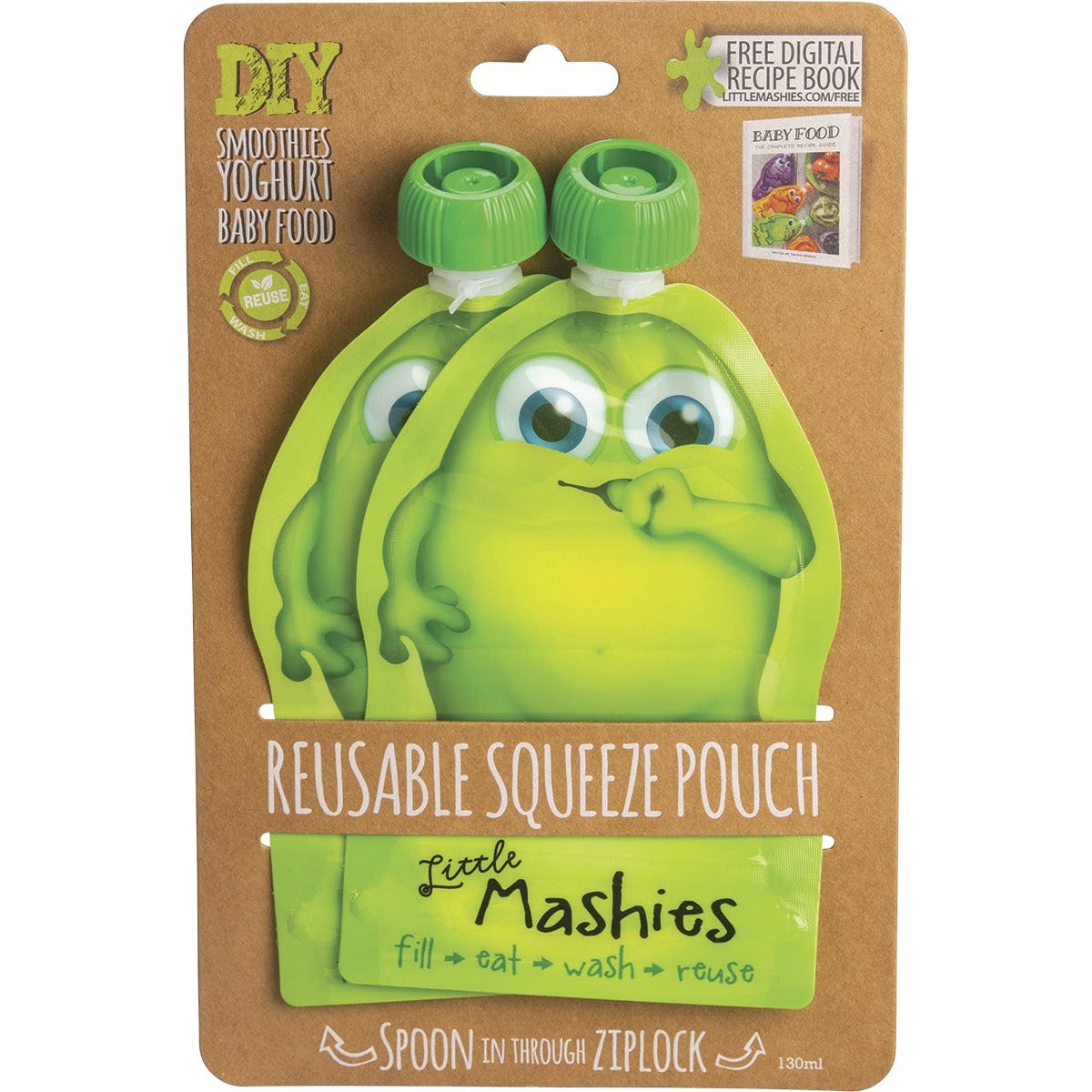 Little Mashies Reusable Squeeze Pouch Green 2x130ml