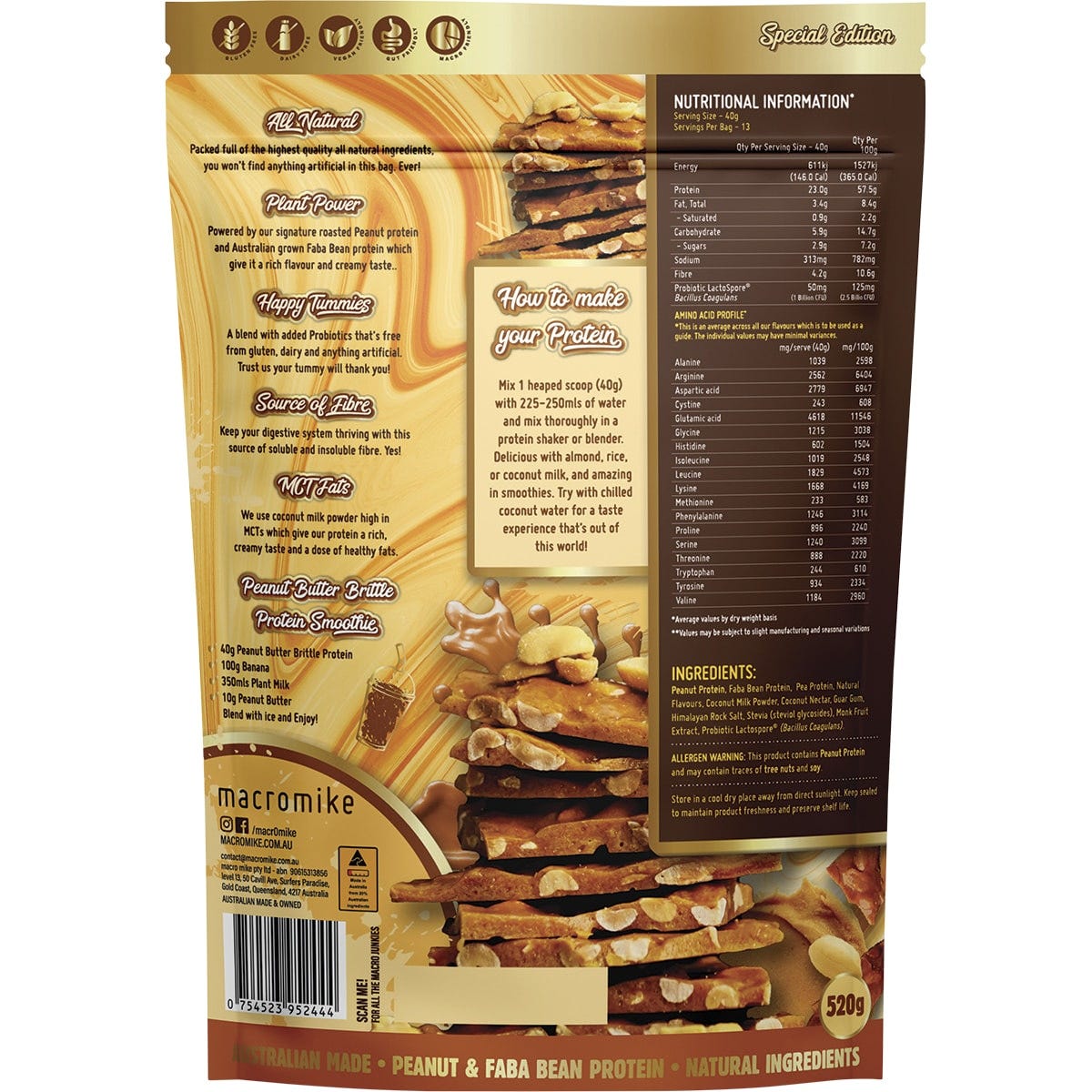 MACRO MIKE Peanut Plant Protein Peanut Butter Brittle 520g