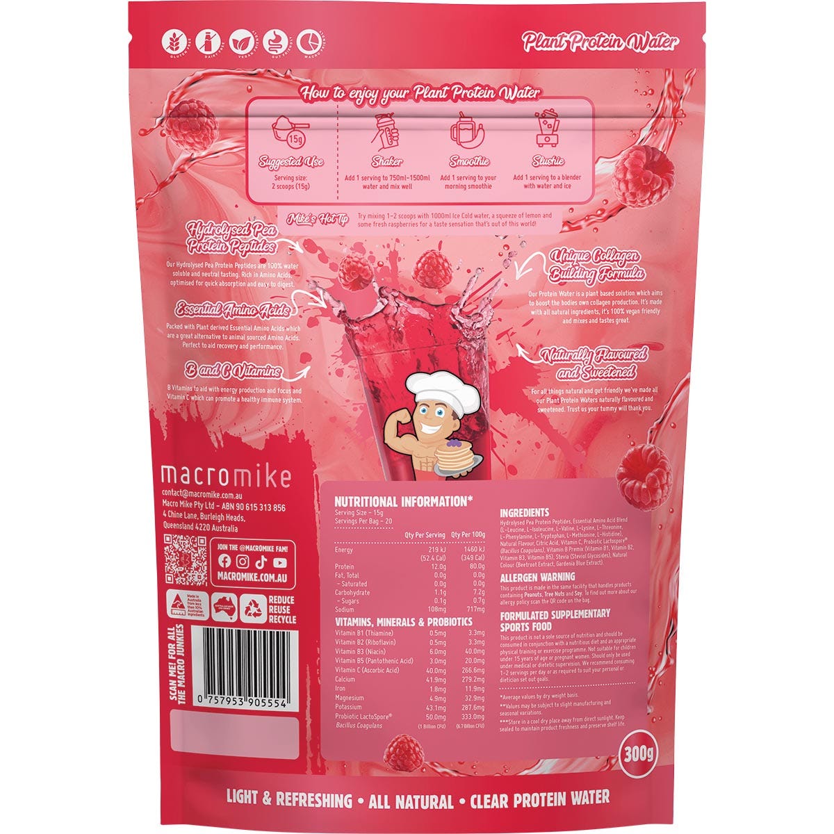 MACRO MIKE Plant Protein Water Red Raspberry 300g