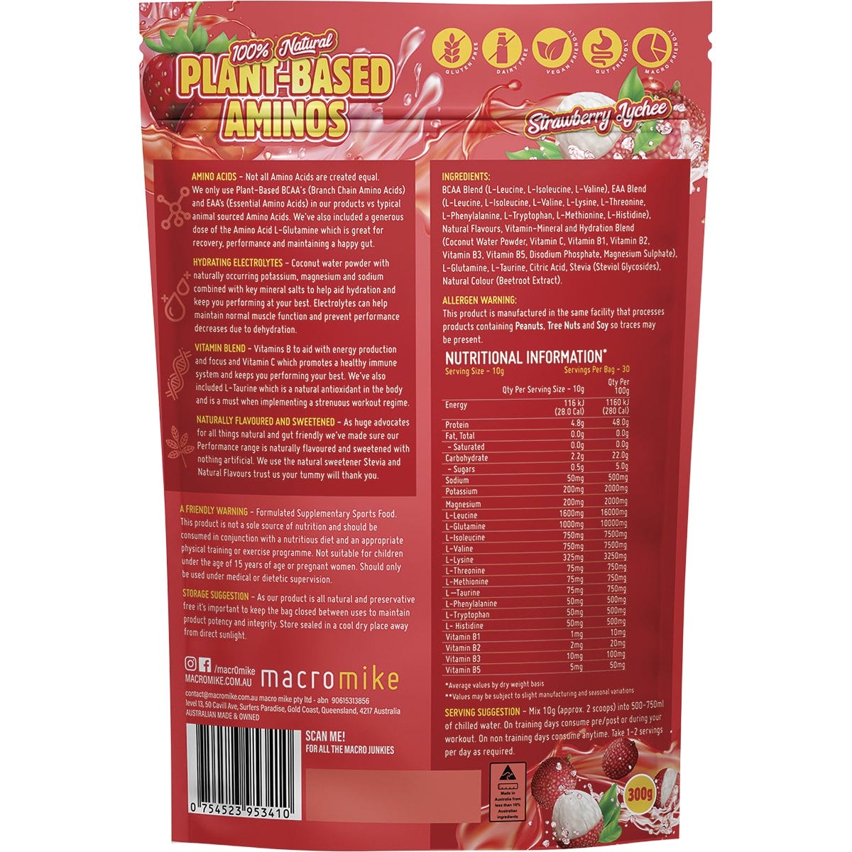 MACRO MIKE Plant-Based Aminos Strawberry Lychee 300g