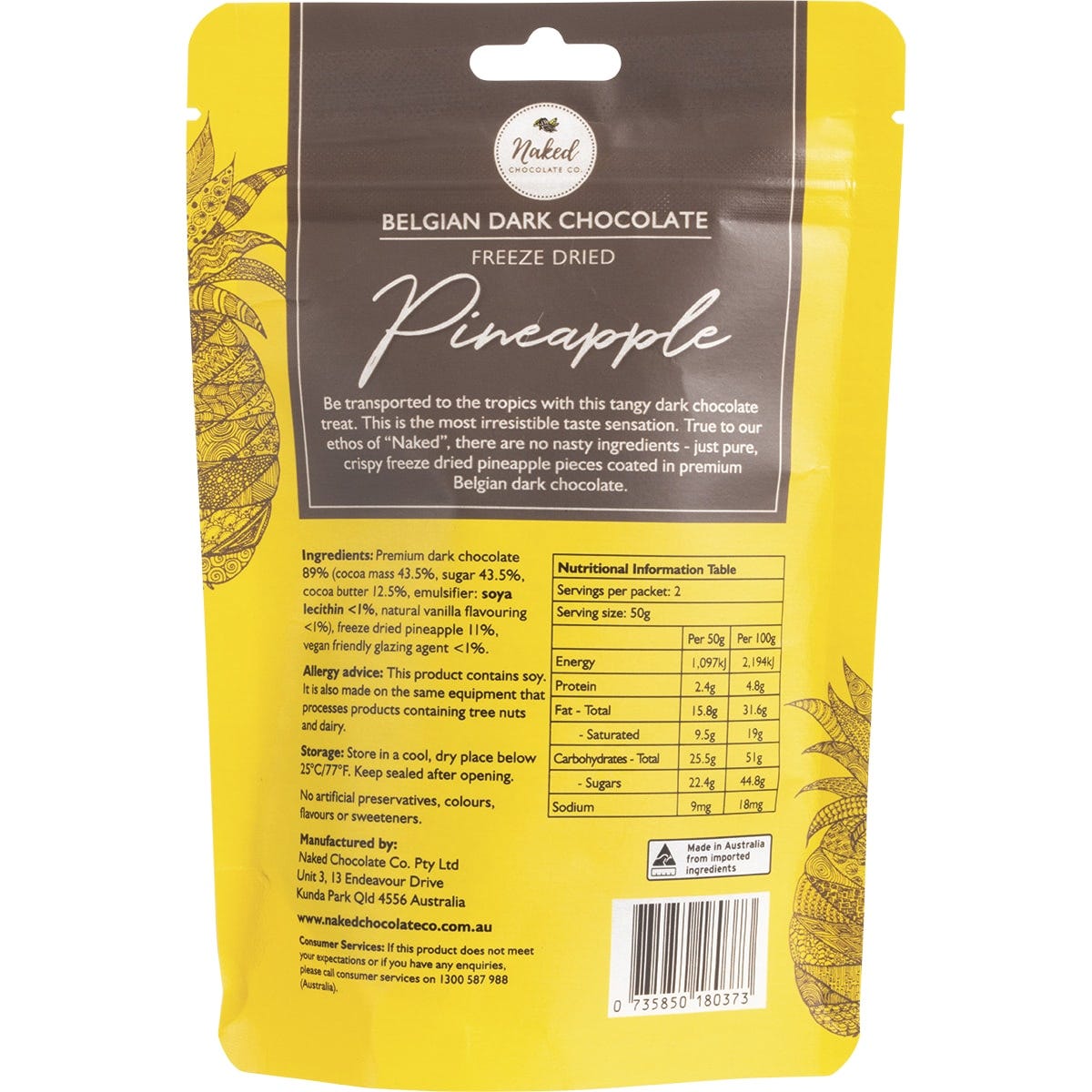 Naked Chocolate Co Freeze Dried Pineapple Dark Chocolate 100g