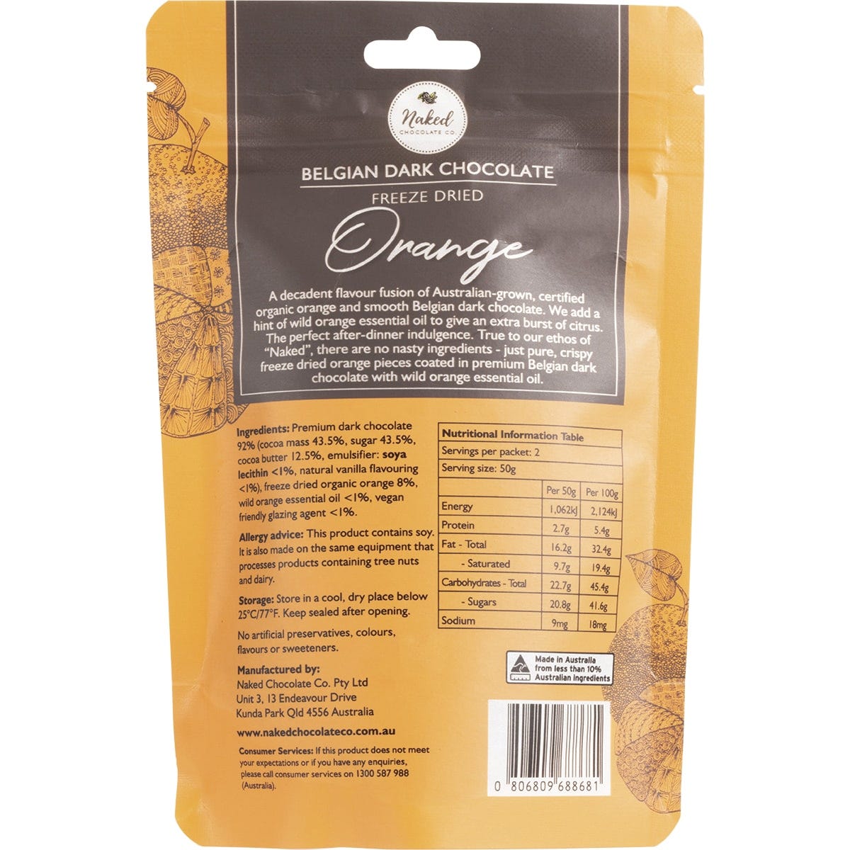 Naked Chocolate Co Freeze Dried Orange Dark Chocolate 100g