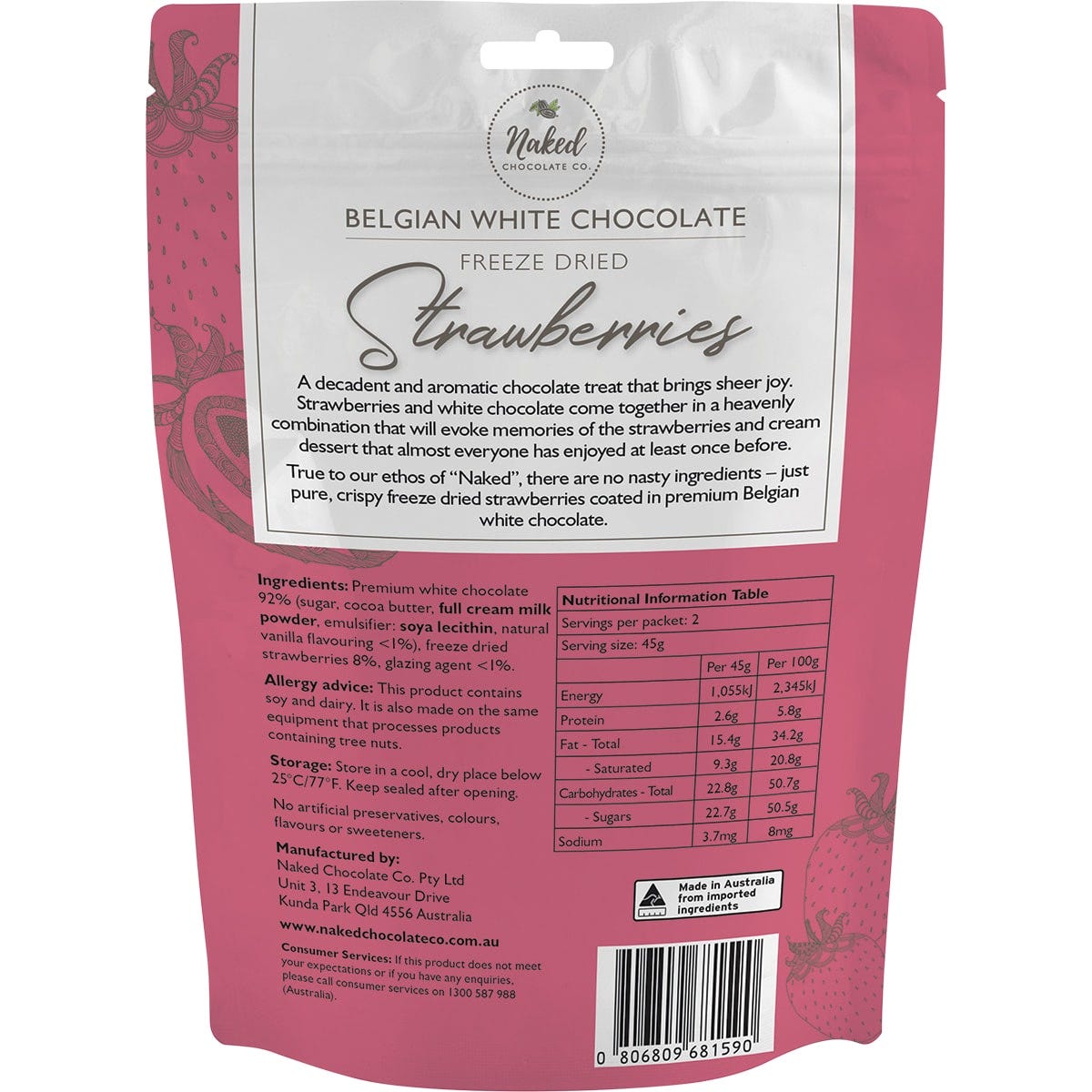 Naked Chocolate Co Freeze Dried Strawberries White Chocolate 90g