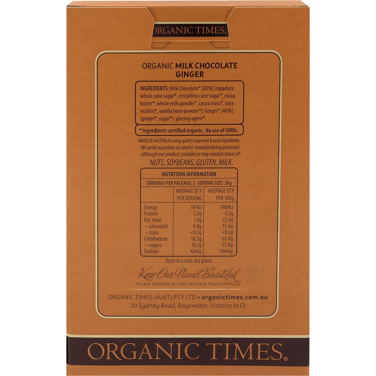 Organic Times Milk Chocolate Ginger 150g CLEARANCE