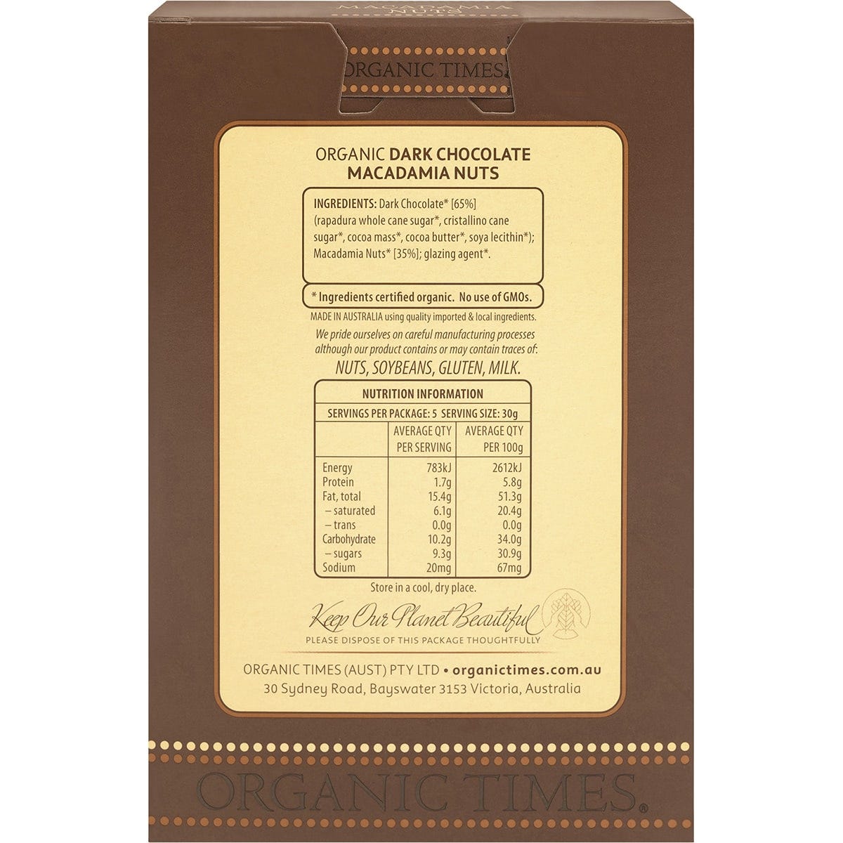 Organic Times Dark Chocolate Macadamia Nuts 150g