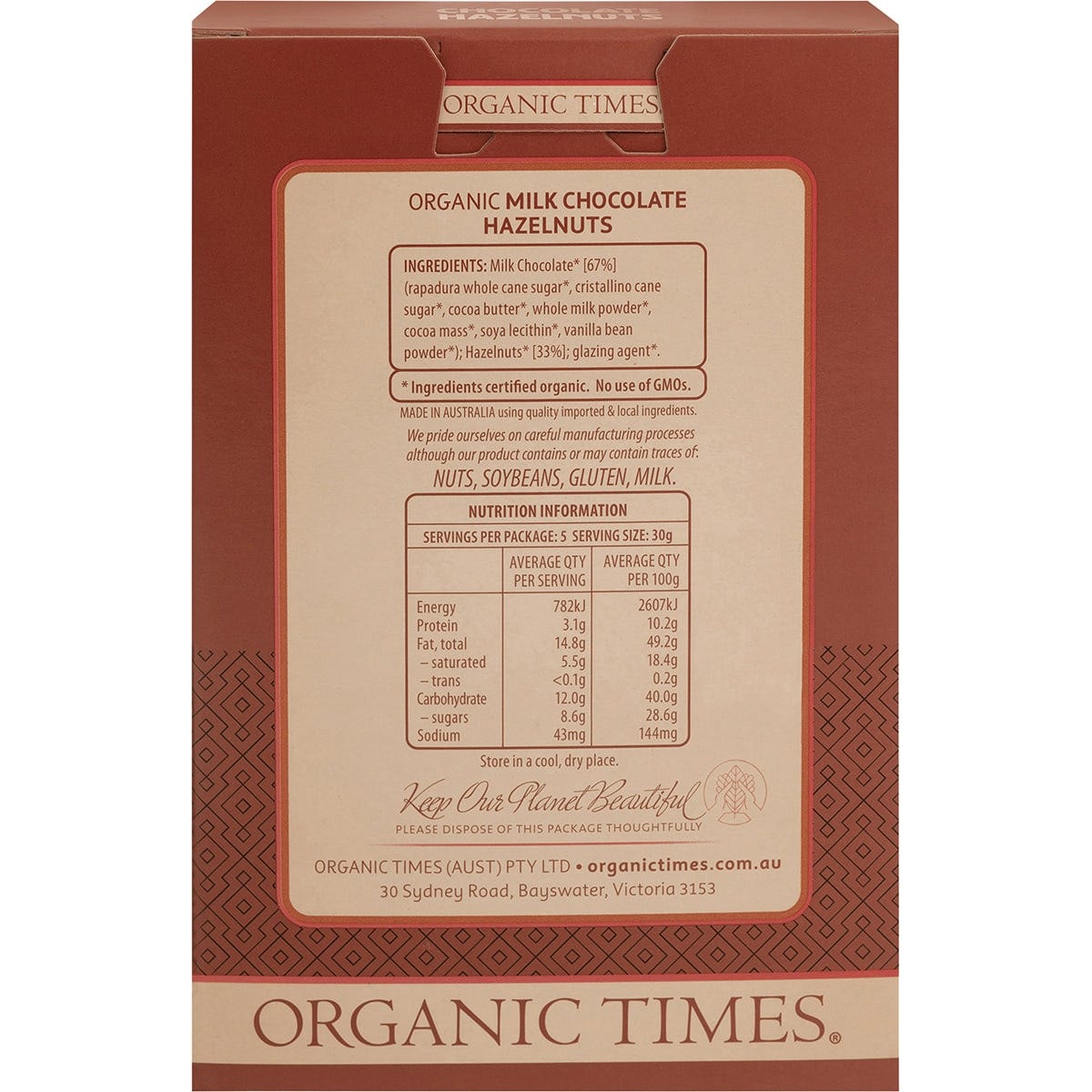 Organic Times Milk Chocolate Hazelnuts 150g