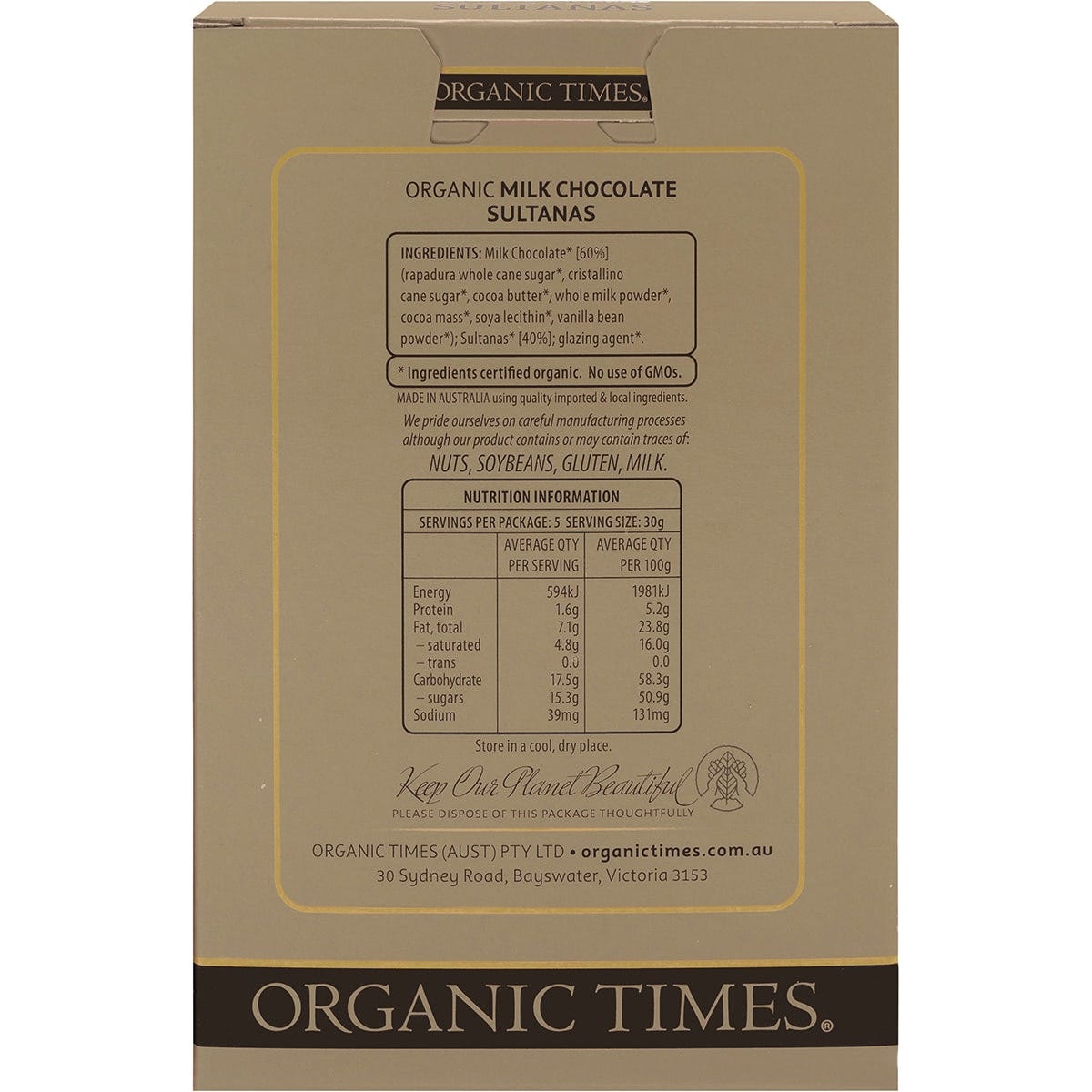 Organic Times Milk Chocolate Sultanas 150g