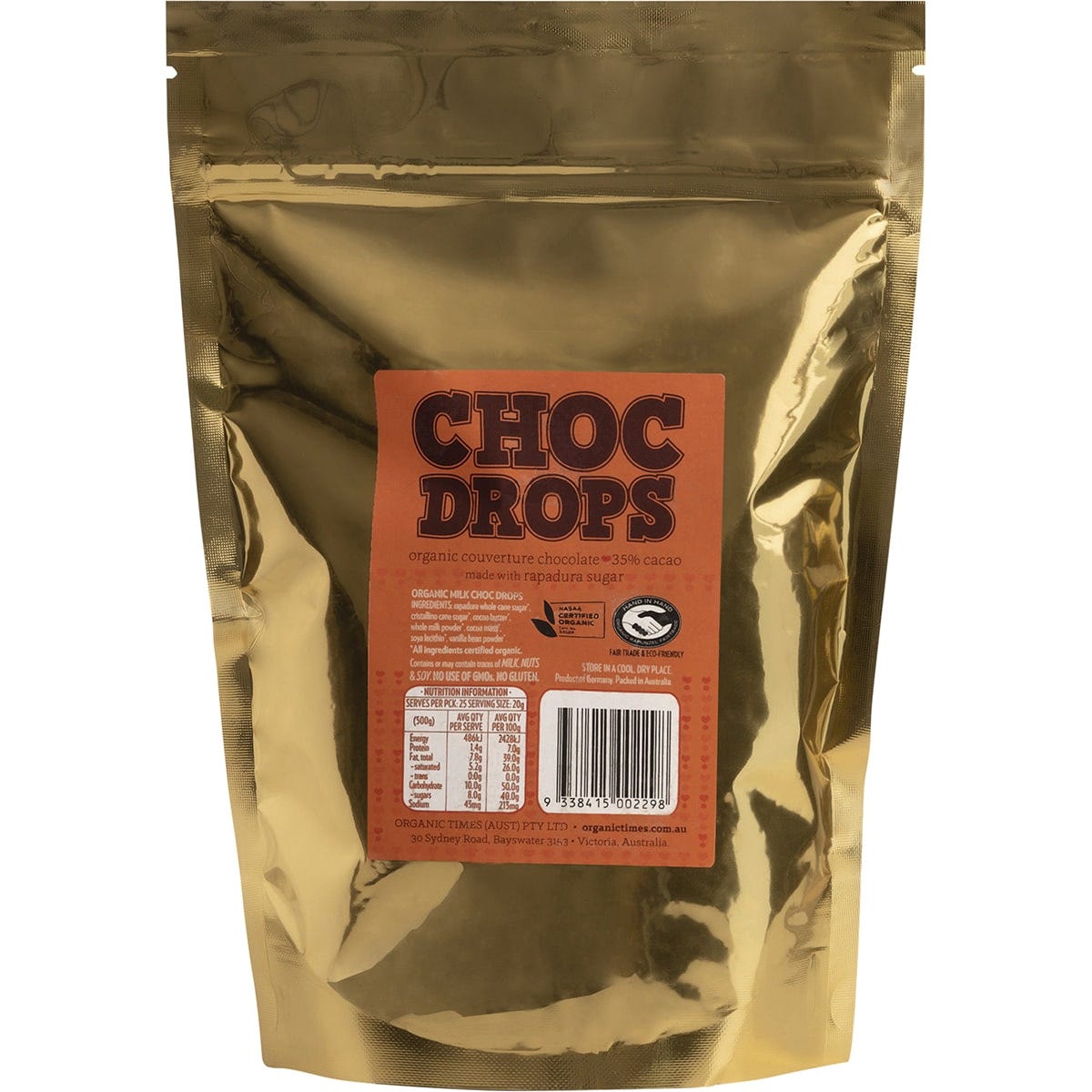 Organic Times Choc Drops Milk Couverture Drops 500g