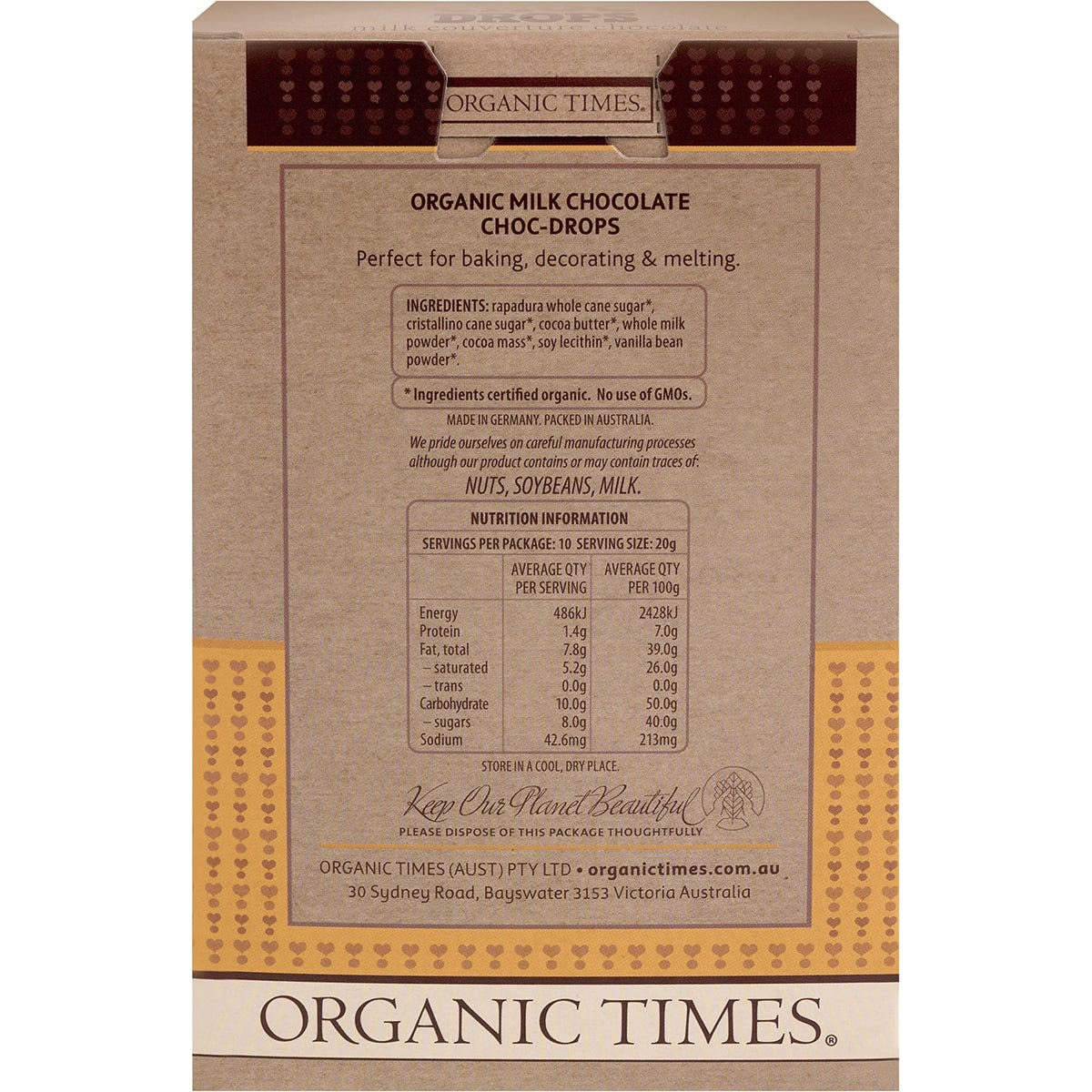 Organic Times Choc Drops Milk Couverture Drops 200g