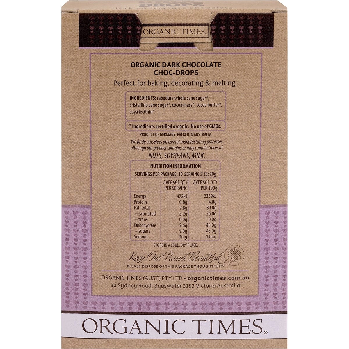 Organic Times Choc Drops Dark Couverture Drops 200g