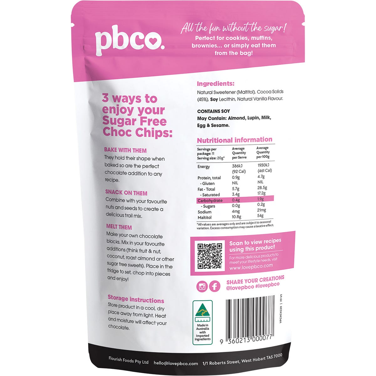 PBco Chocolate Chips 98% Sugar Free 220g