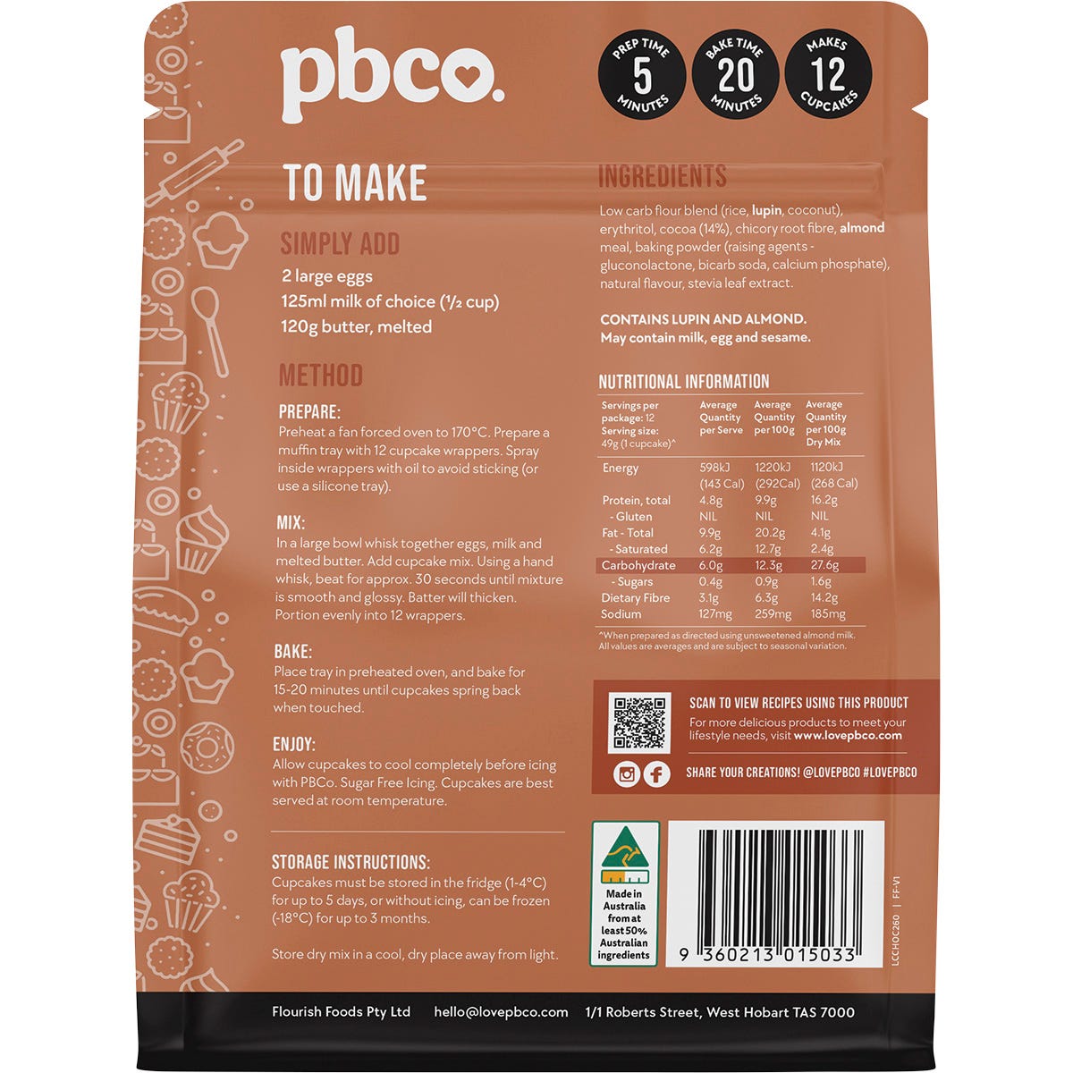 PBco Chocolate Cupcake Mix Low Carb 260g