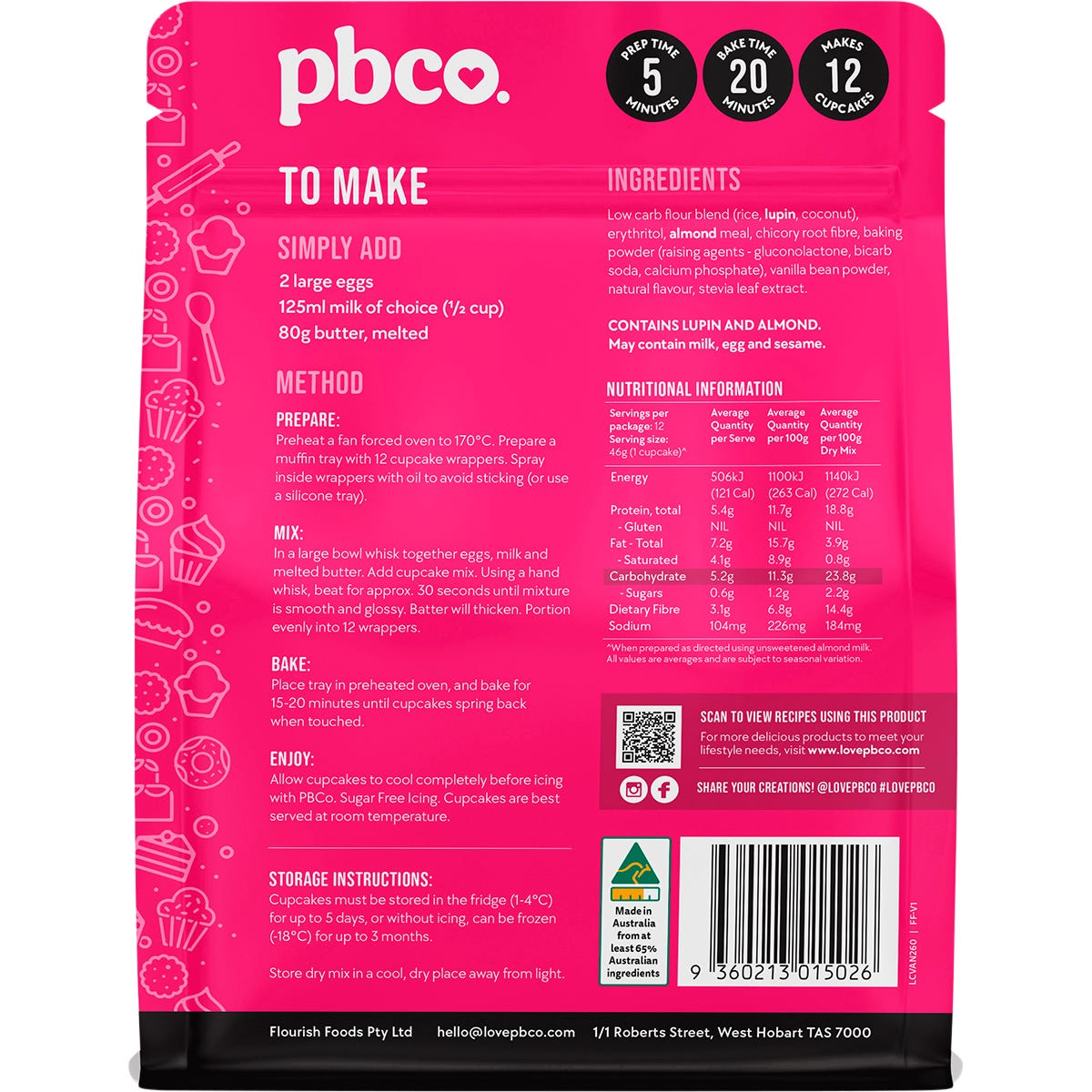 PBco Vanilla Cupcake Mix Low Carb 260g